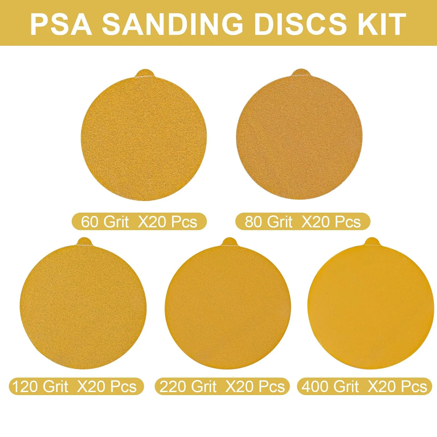 6 Inch PSA Yellow Sanding Paper 100 Pcs Assorted 60/80/120/220/400 Grit for Polishing Woodworking Automotive Paint Primers