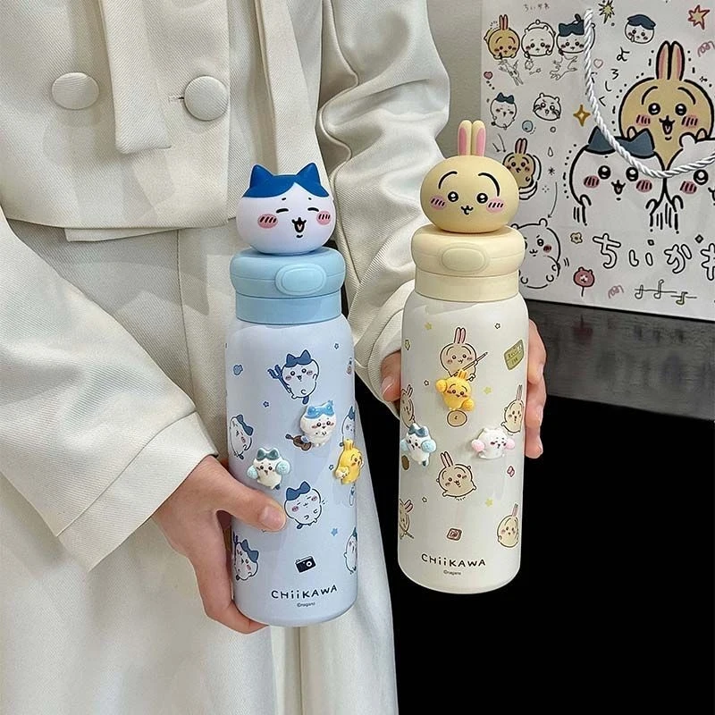 Kawaii Chiikawa Water Bottle Cute Insulated Tumbler with 3D Usagi and Chiikawa Topper Perfect for Daily Use view 2