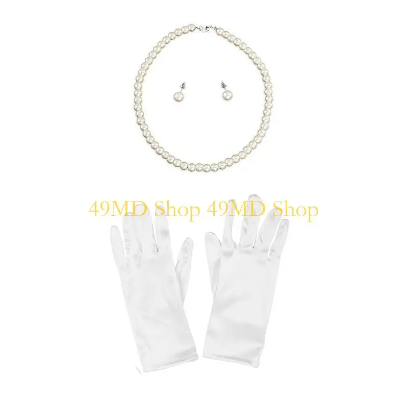 49MD Girl Medieval Mesh Veil&Hat Headband Punk Prom Pearl Earring&Necklace&Gloves