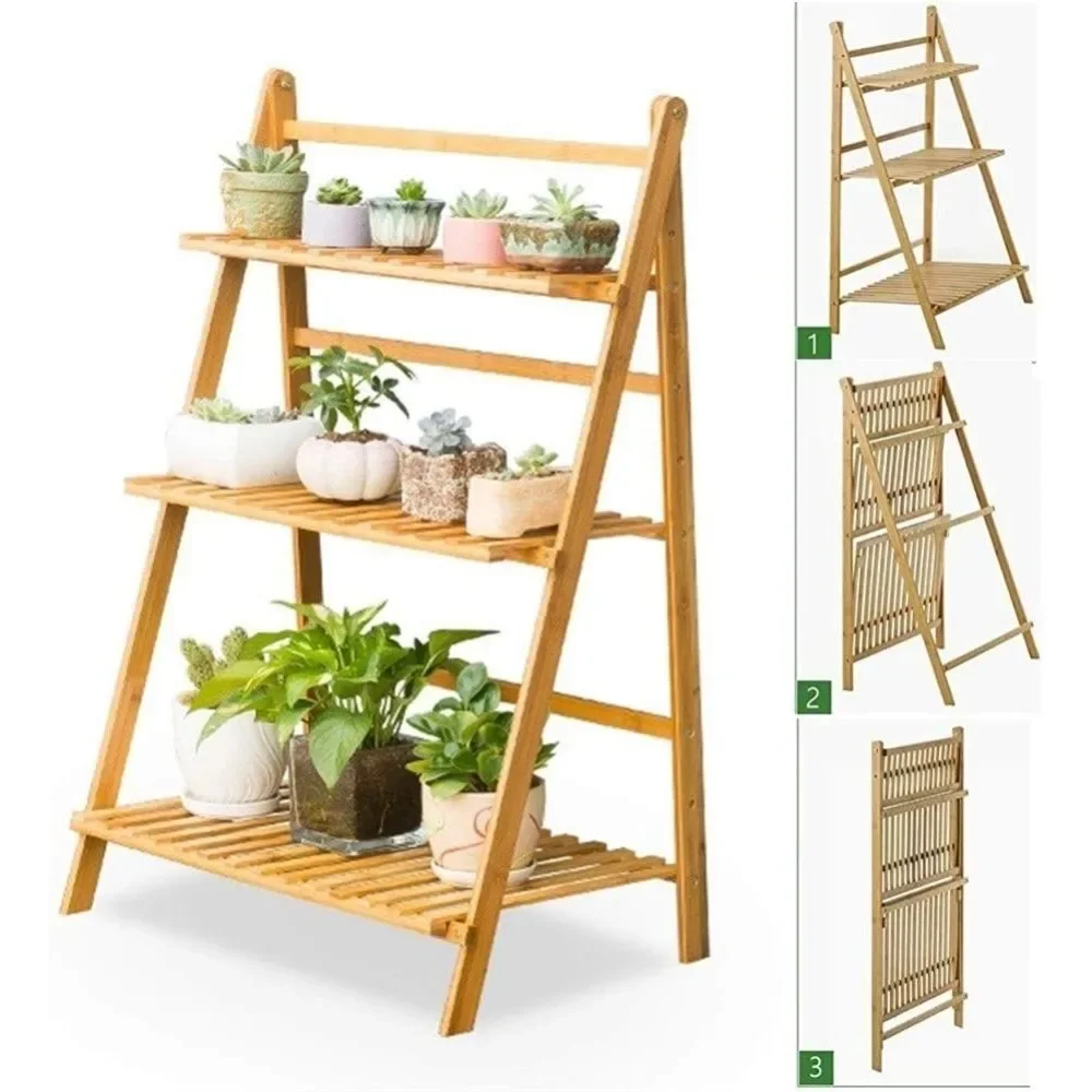 Folding Bamboo Plant Stand Indoor Outdoor Multiple Flower Pot Holder Shelf Rack Planter Display Shelving Unit in G