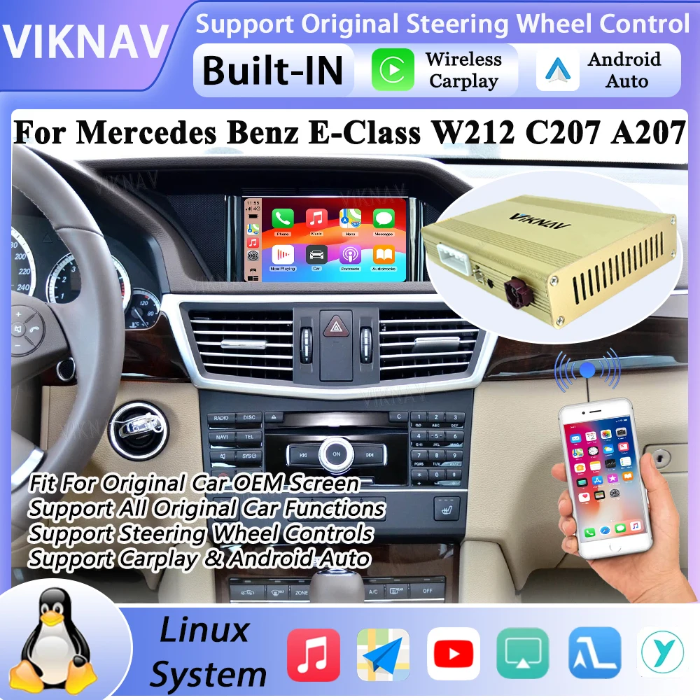 For Mercedes Benz E-Class W212 C207 A207 2011-2020 Decoder Interface Box OEM Screen Android Auto GPS Wireless Carplay BT Stereo