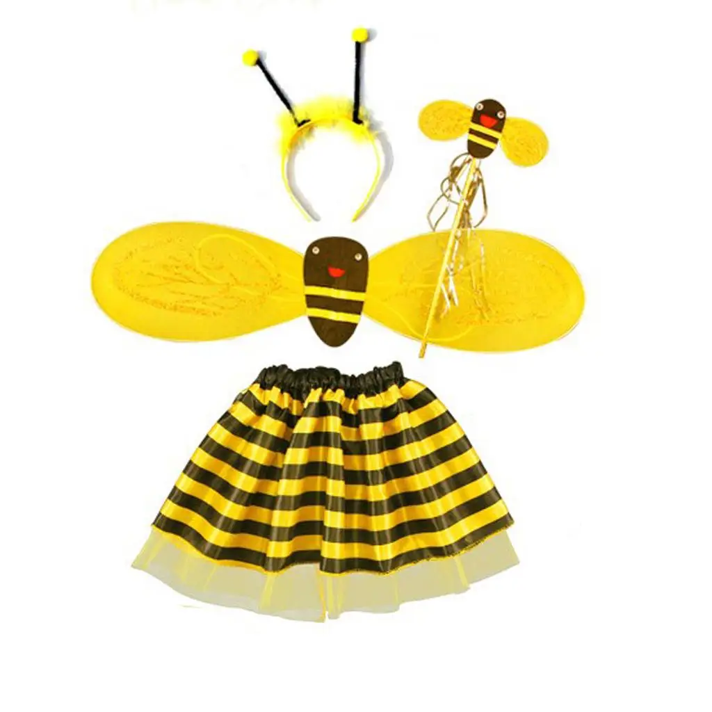 Bee Halloween-kostuum voor meisjes en jongens, verwijderbare glinsterende vleugels, feestoutfit met hoofdband en rokset