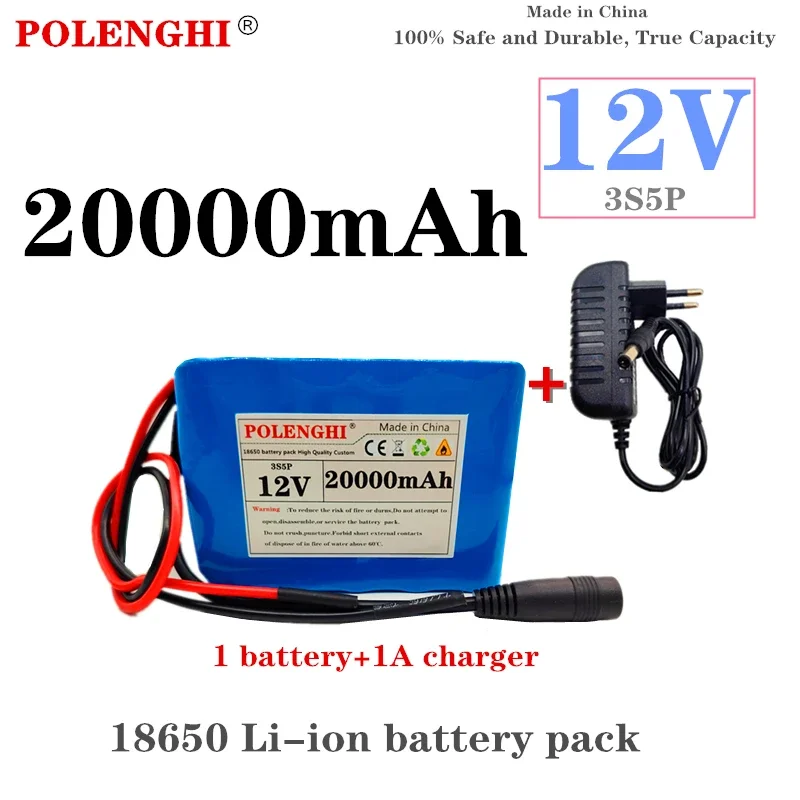 

Safe and durable 3S5P 12V 20000mAh 18650 lithium-ion rechargeable battery pack with built-in intelligent BMS 12.6V 1A charger