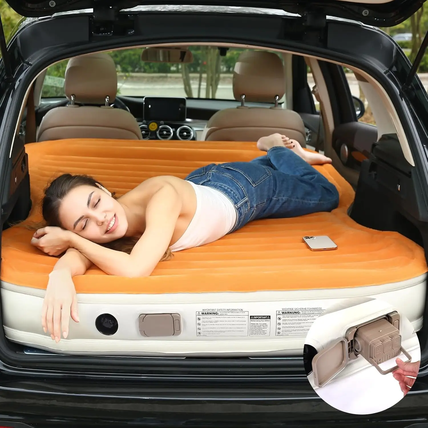 

SUV Air Mattress with Built-in Pump & 2 Pillows, 90s Inflation, Thickened Flocked PVC, Portable Car Bed for Camping Travel Truck