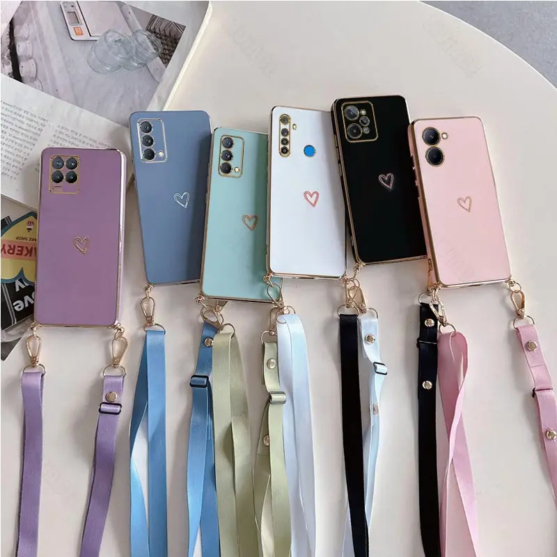 Love Heart Crossbody Lanyard Strap Phone Case For Oppo Realme 8 Pro 5 5i 6i 8i C21 C21Y C11 9 10 C20 C25Y C30 C33 C35 C55 Cover