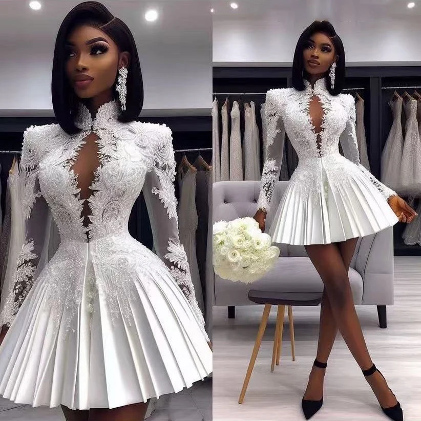 Applique Beaded Mini Dress 2025 Full Sleeves A Line Short Prom Party Dresses Tiered فساتين سهرة Event Gala Dress