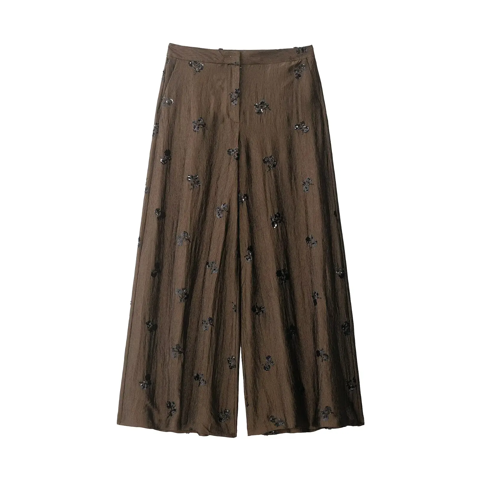 Willshela Women Fashion With Sequined Front Zipper Wide Leg Pants Vintage High Waist Full Length Female Chic Lady Trousers