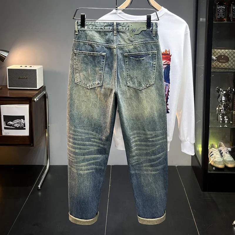 Jeans esfarrapados retrô masculino, calças compridas angustiadas, nostálgico, tendência reta, lazer versátil, outono, novo, 2024