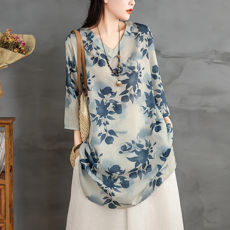 

Летняя хлопковая льняная свободная посадка с принтом irt, женская повседневная утягивающая модная середина све irt V Ne Long Line