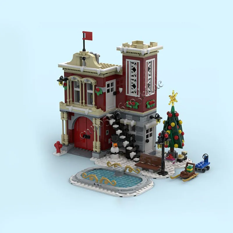 1181 Uds. MOC esquina invierno pueblo estación de bomberos bloque de construcción arquitectura Retro modelo juguete de exhibición niños montaje regalos de cumpleaños