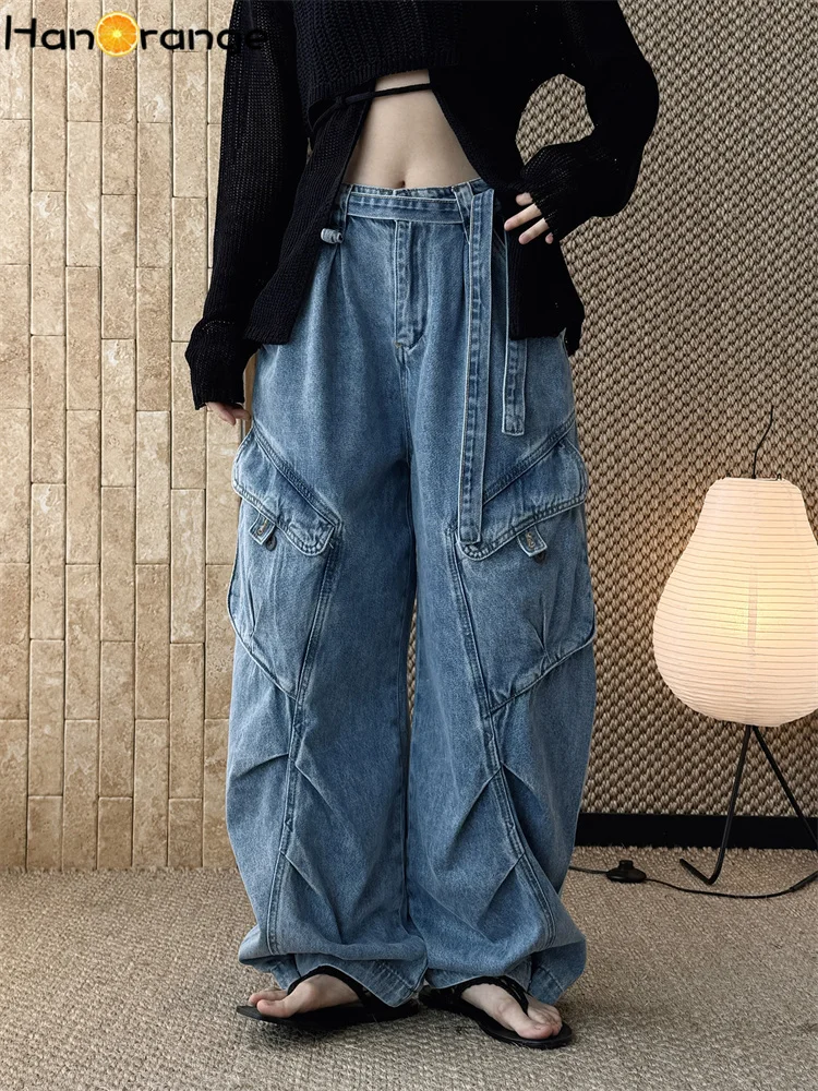 HanOrange 2026 Spring/Summer Retro Deconstructed Split Multi Pocket Cago Jeans Women Wide Leg Denim Pants Blue