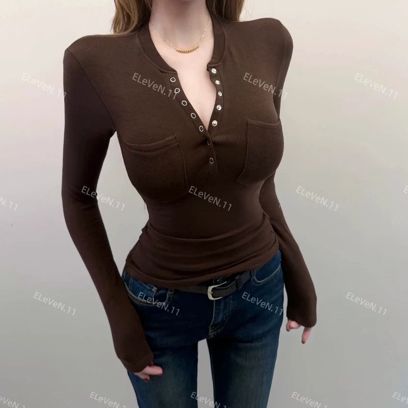 

Women Clothes Slim Button Patchwork Sexy T Shirts Spring Autumn New Long Sleeve Solid Simplicity High Street Tops Fashion Korean