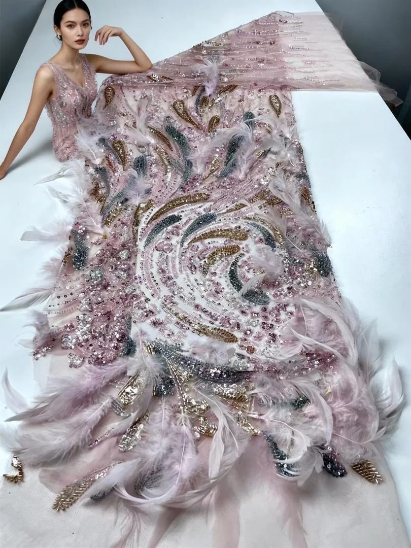 

3D перо, европейское розовое роскошное свадебное платье, ткань 2025, Франция, Нигерия, кружевная ткань с блестками и бисером, свадебный женский материал