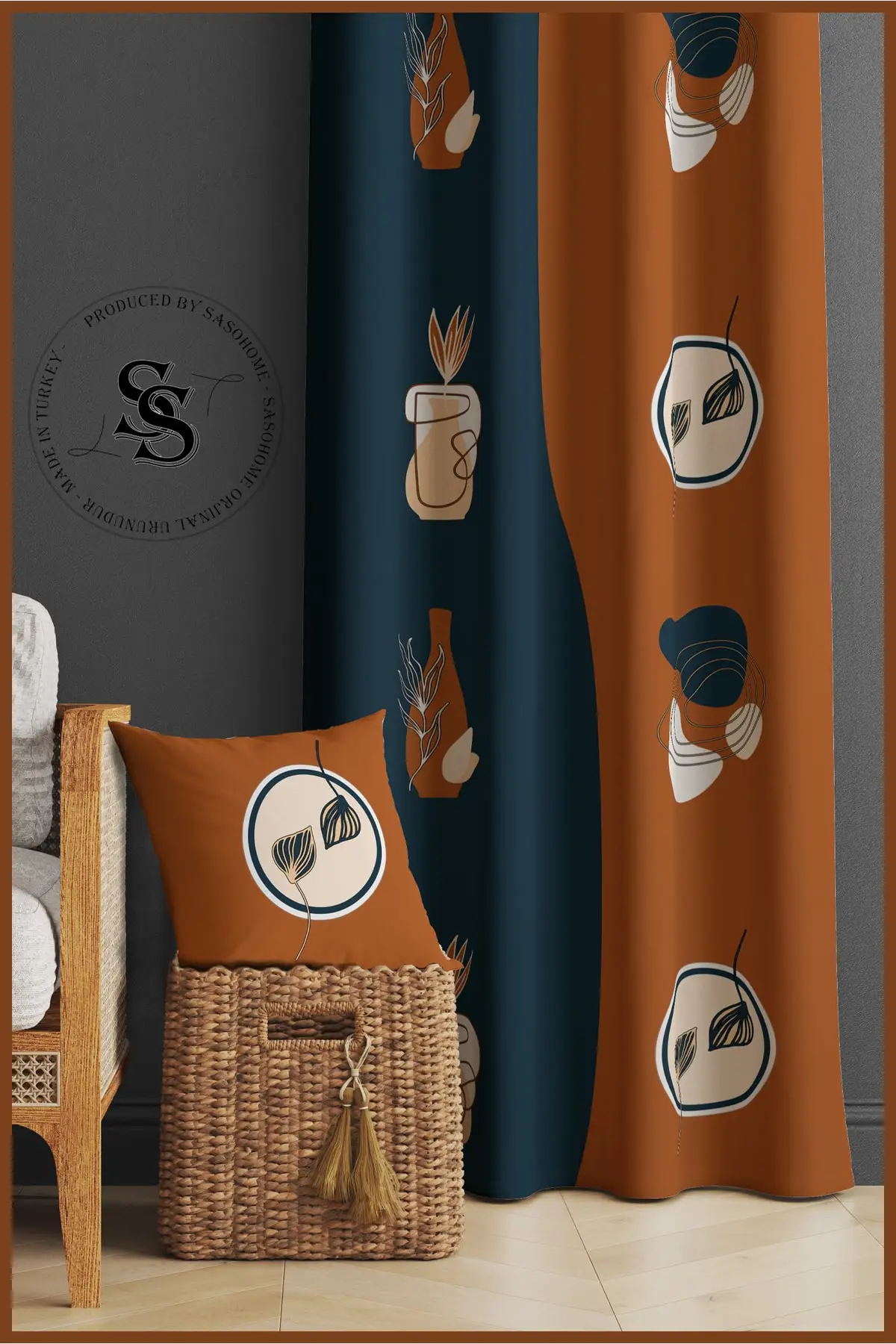 Curtain Navy Blue Orange Surrealist Flowers Pattern 140 X 270 Cm Quality - Digital Printed Backdrop