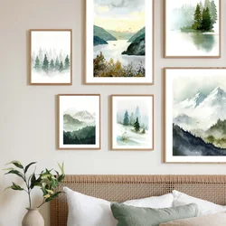 Foggy Mountain Misty Forest Pine Sage Green Wall Art Canvas Painting Nordic Poster And Prints Wall Picture For Living Room Decor