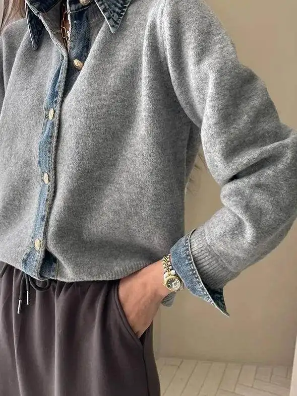 Women's Knitted Sweater Autumn Korean Style Chic High-End Lazy Fashion Denim Patchwork Slimming Open-Front Top