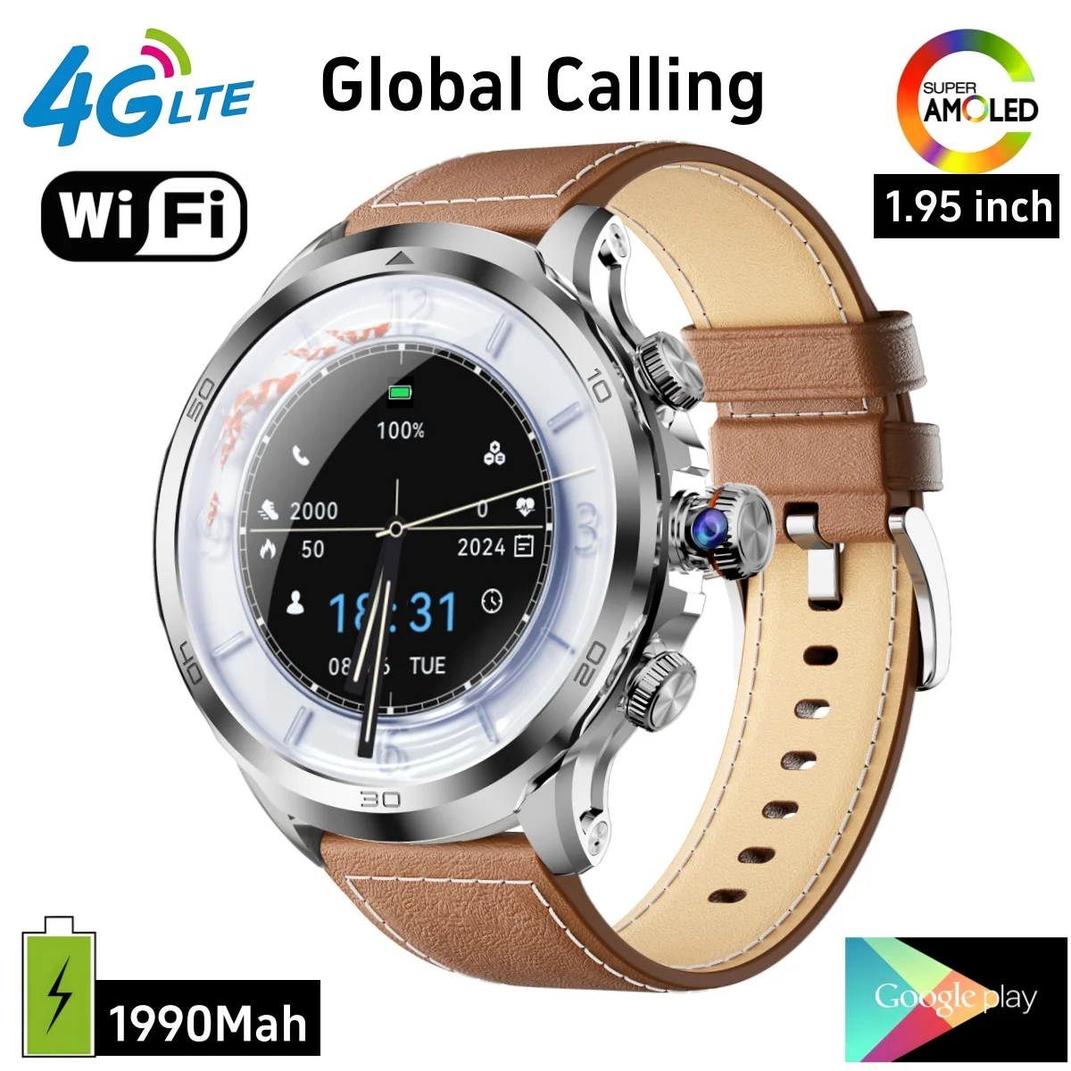 H19 Smart Watch 4G Android 1.95 inch 720*720 Amoled Screen 900W Rotating Camera Google Play Store GPS WIFI Smartwatch 2024 NEW