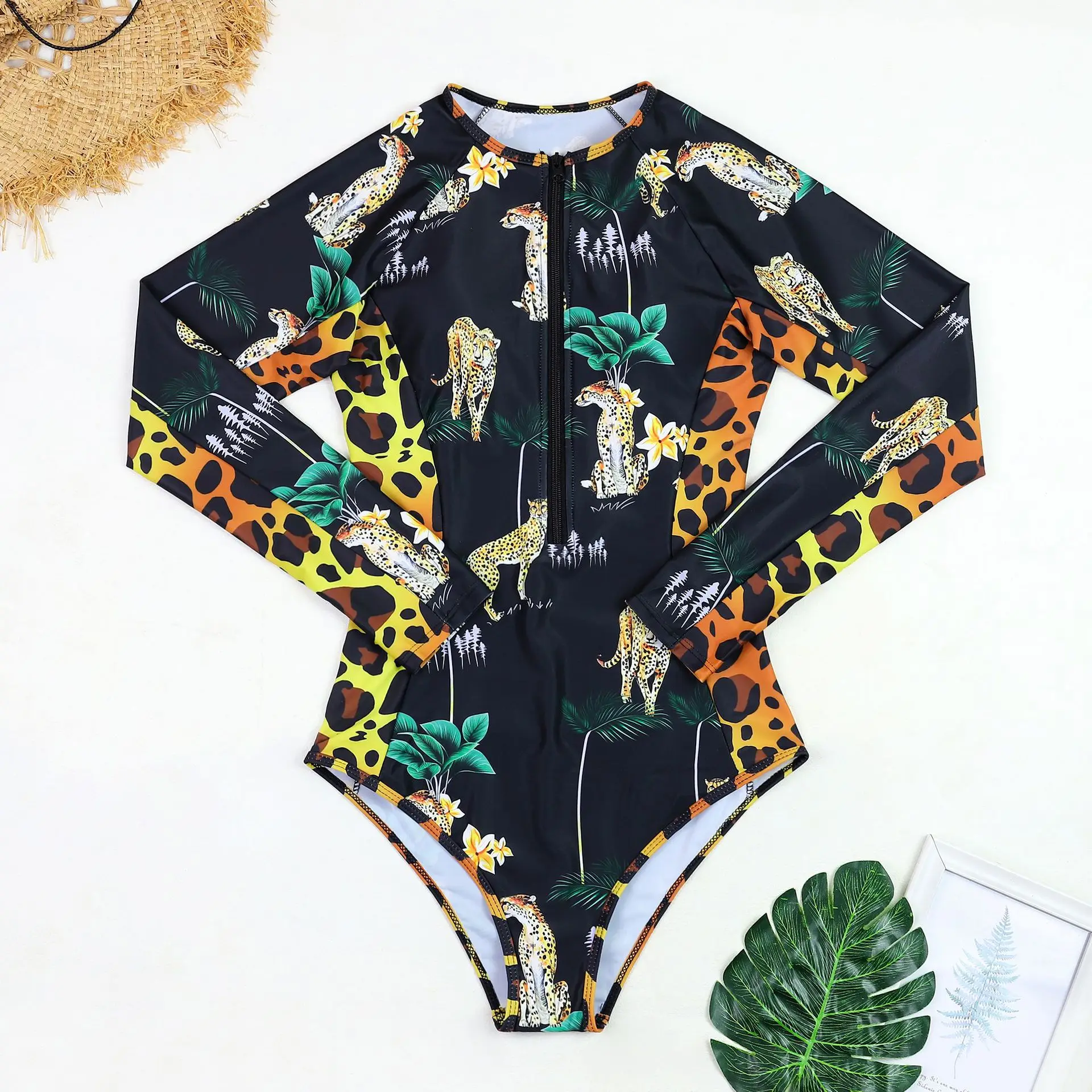 Women's Rashguard Zipper Long Sleeve Surfing Printed Swimsuit Women 2024 One Piece Bodysuit Push Up UV Protection Swimsuit Lady