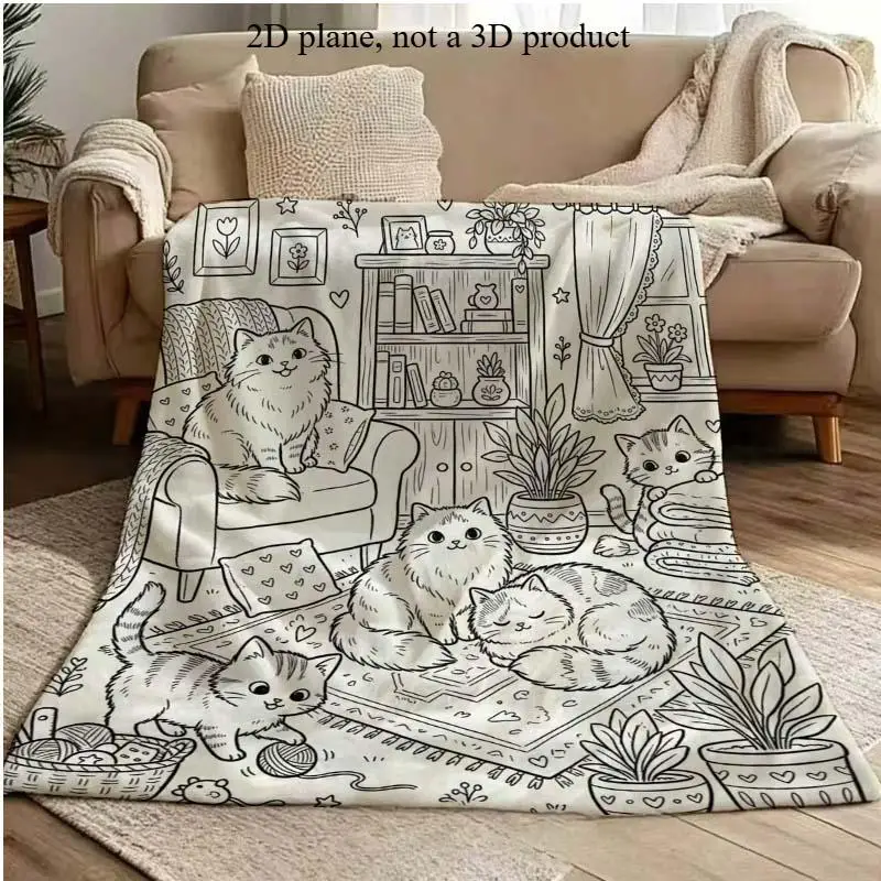 White‑Background Cat Print Throw Blanket, Soft Flannel Blanket for Travel, Camping and Home Use, Cozy Household Essential