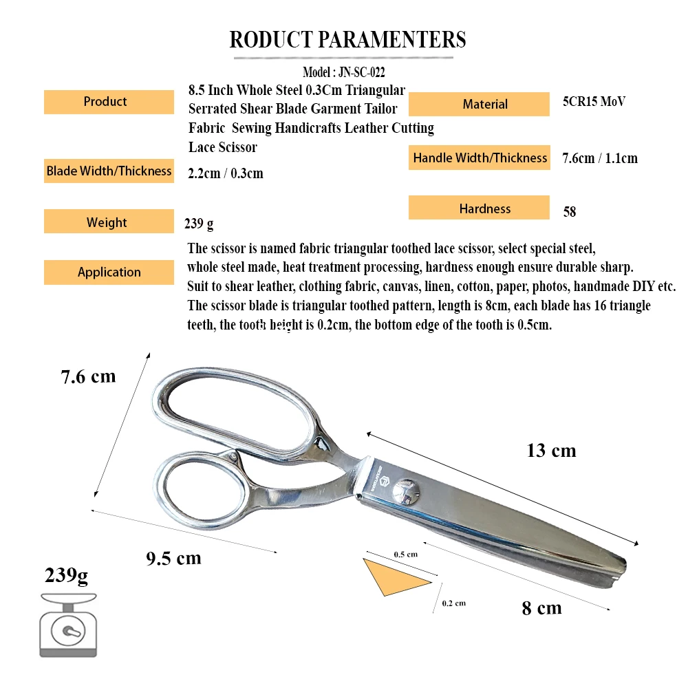 Jincraftsman®–9 Inch Integrated Triangular Serrated Shear Blade Clothing Tailor Handmade DIY Leather Cutting Fabric Lace Scissor