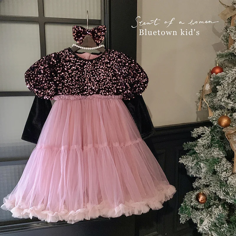 Abito da ragazza Autunno Inverno 2024 Capodanno Natale Sensazione avanzata Glitter Abito completo Maniche ispessite Casual Moda semplice