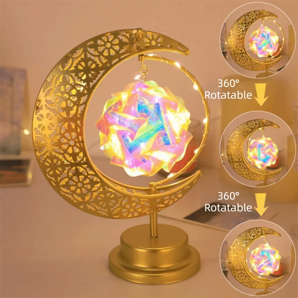 

Декоративная металлическая светодиодная лампа-луна с вращающимся дизайном, золотистая отделка, настольная лампа для Рамадана, элегантный светильник со звездным узором, декор для дома