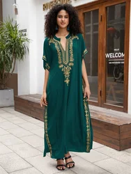 2024 Sexy Deep V Neck Premium Gold Thread Embroidered Plus Size Kaftan Women's Elegant Long Dress Summer Beach Swimwear Coverup