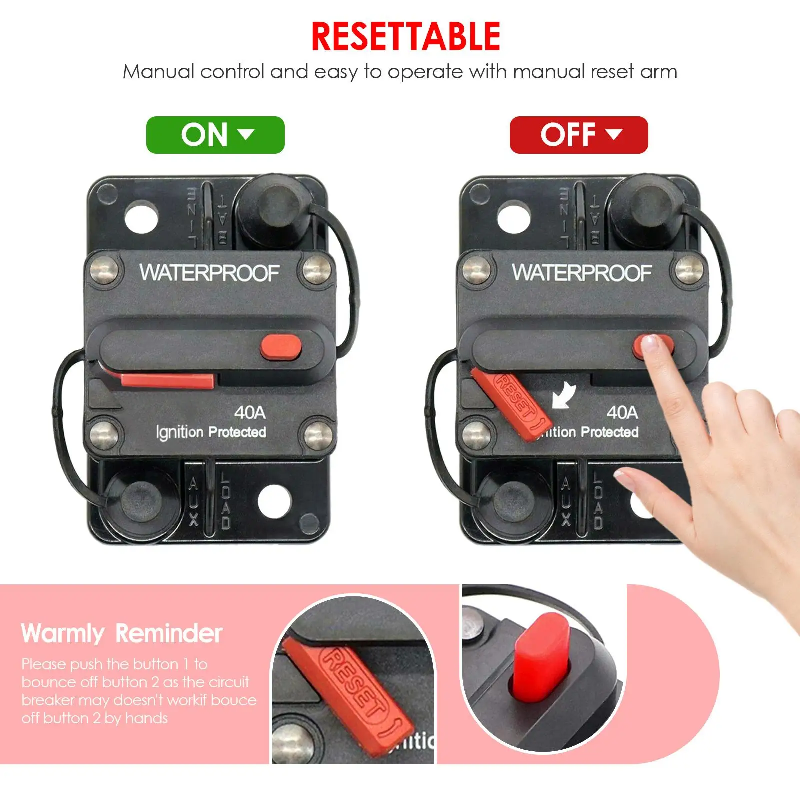 High Current Manual Circuit Breaker 12-36V DC Push Button Reset Breaker Fuseholder for Vehicle Power Surge Safety