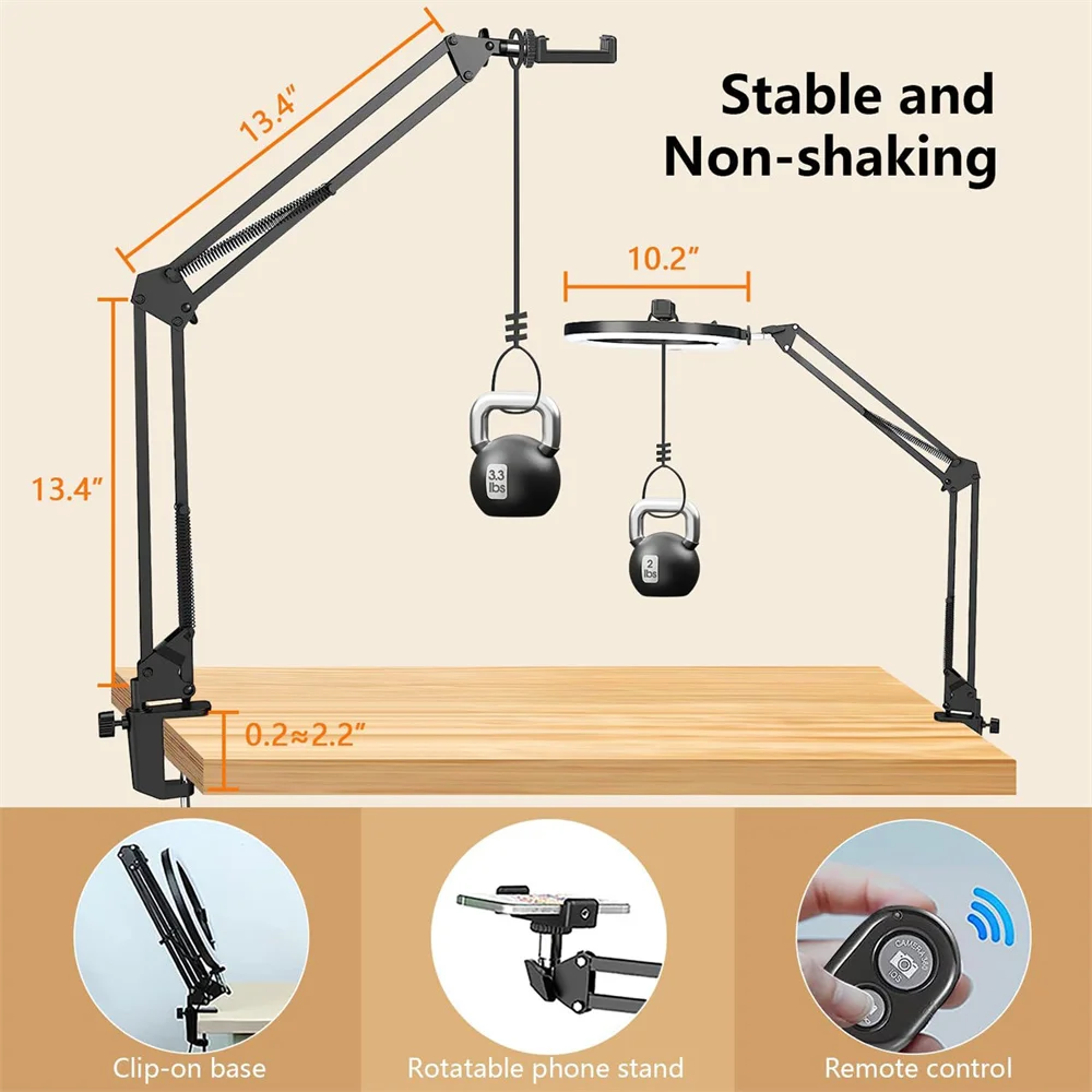 Overhead Selfie Ring Light w Mobile Holder Support Table Mgic Arm Stand, Photography Led Ring Lamp Ringlight For Live Broadcast