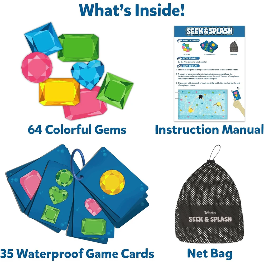 Skillmatics ของเล่นสระว่ายน้ำ 64 อัญมณีสีสันสดใสของเล่นดำน้ำเด็กเกมการเรียนรู้สระว่ายน้ำของเล่นดำน้ำฤดูร้อนสระว่ายน้ำใต้น้ำเกมดำน้ำ