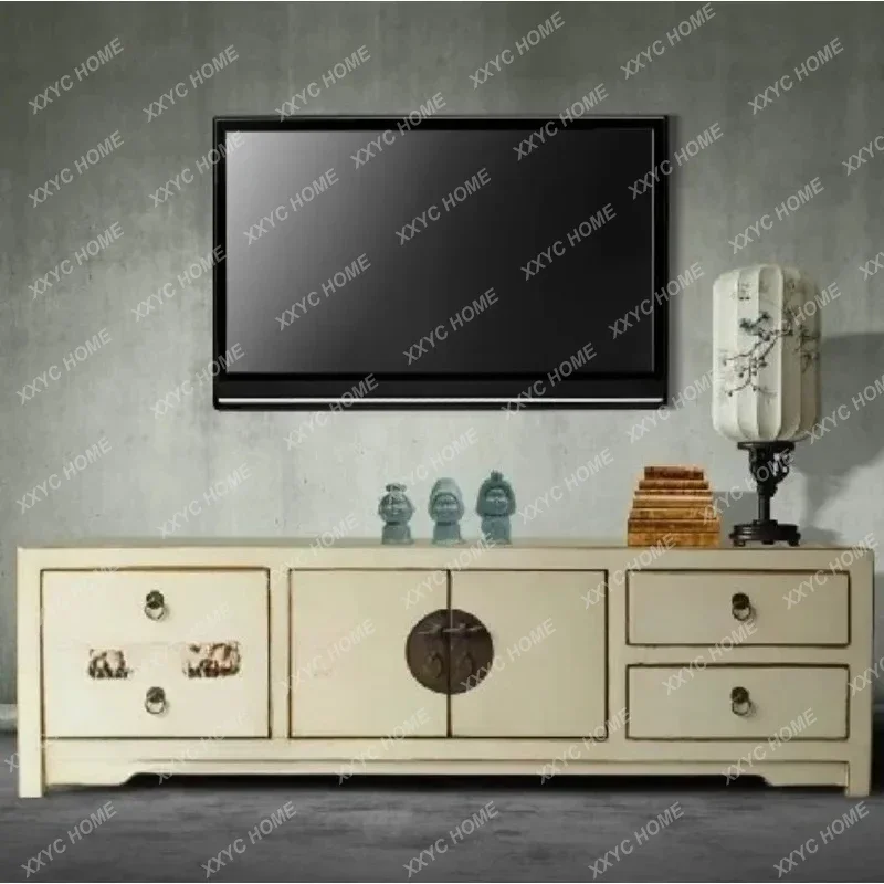 A New Chinese solid wood TV cabinet antique milky white old audio-visual cabinet neoclassical retro low cabinet