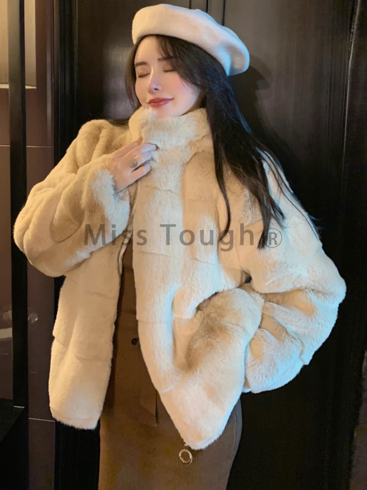 France Elegant Fur Warm Short Coat Women Winter Fleece Vintage Stand Collar Wool Jacket Korean Fashion Designer Clothes 2024 New