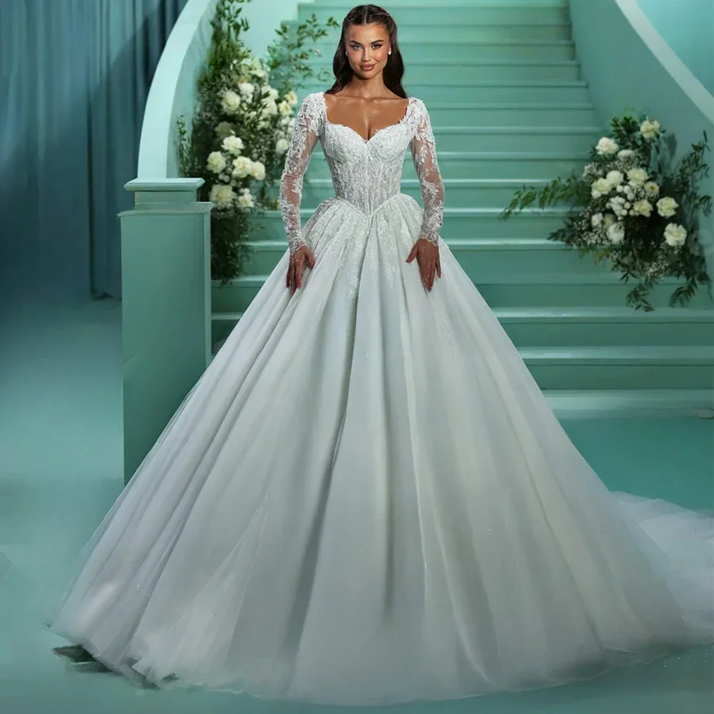 

Свадебные платья для женщин с индивидуальным дизайном, аппликациями и кружевом, с вырезом в форме сердца и длинными рукавами, свадебное платье (vestido de novia boda)