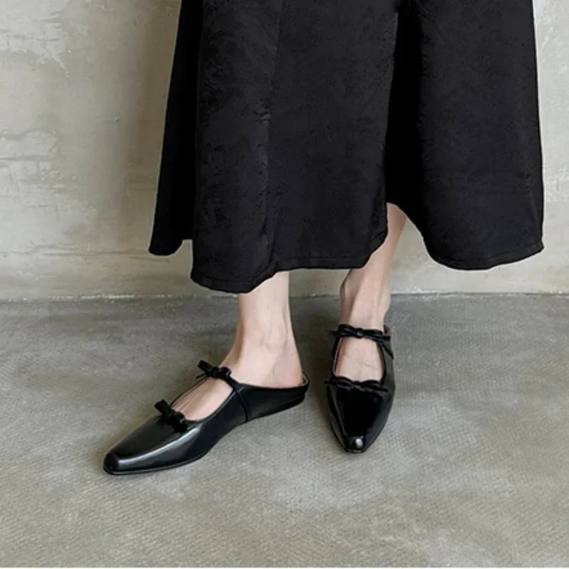 2024 New Luxury Bow Tie Mary Jane Womens Pointed Shiny PU Leather Flat Ballet Shoes Party Dress Womens Slippers Zapatillas Mujer