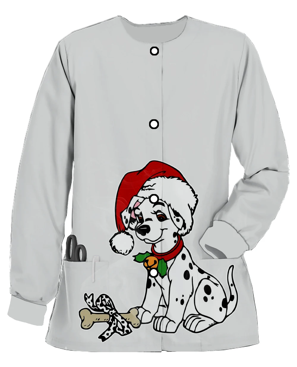 Disney Christmas Dalmatian Print Round Neck Pocket Long Sleeve Scrub Jacket Nurse Uniform Medical Uniform Beauty Salon Coat