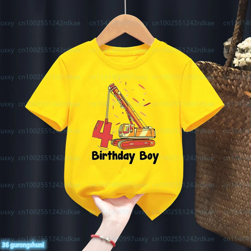 Newly Boys' T-Shirts Funny Excavator 2-9 Birthday Numeral Print Tshirt Gifts For Kids Birthday Tshirts Cute Children'S Clothing