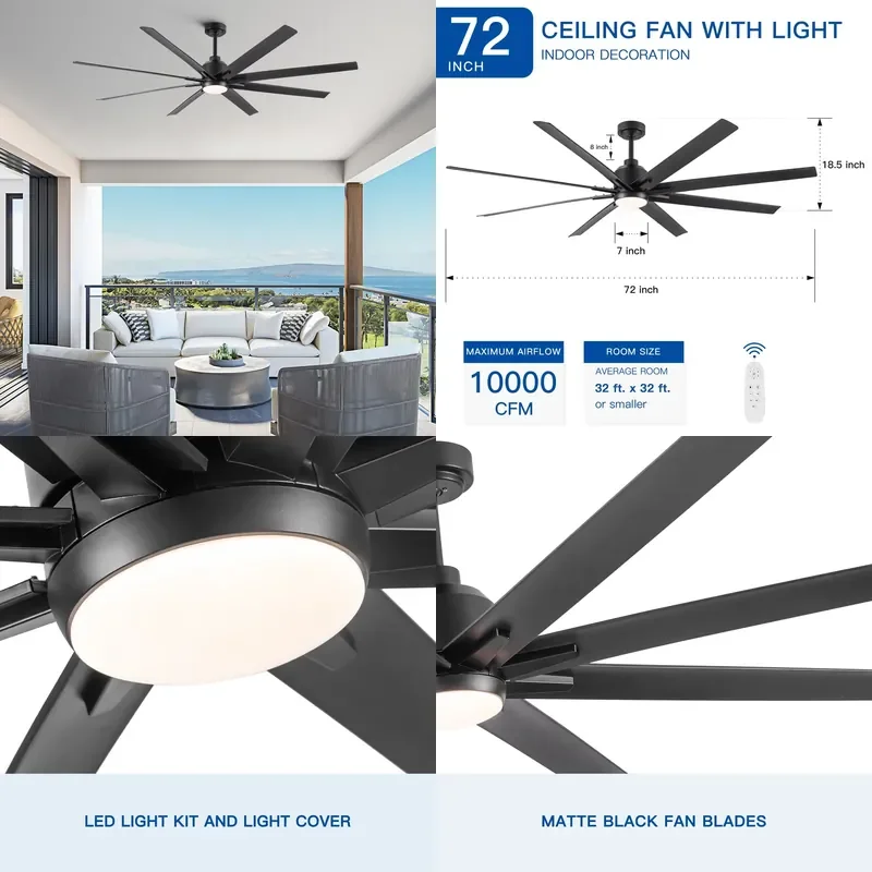 for  72 Inch Large Modern Ceiling Fan with LED Light and Remote Control  Home