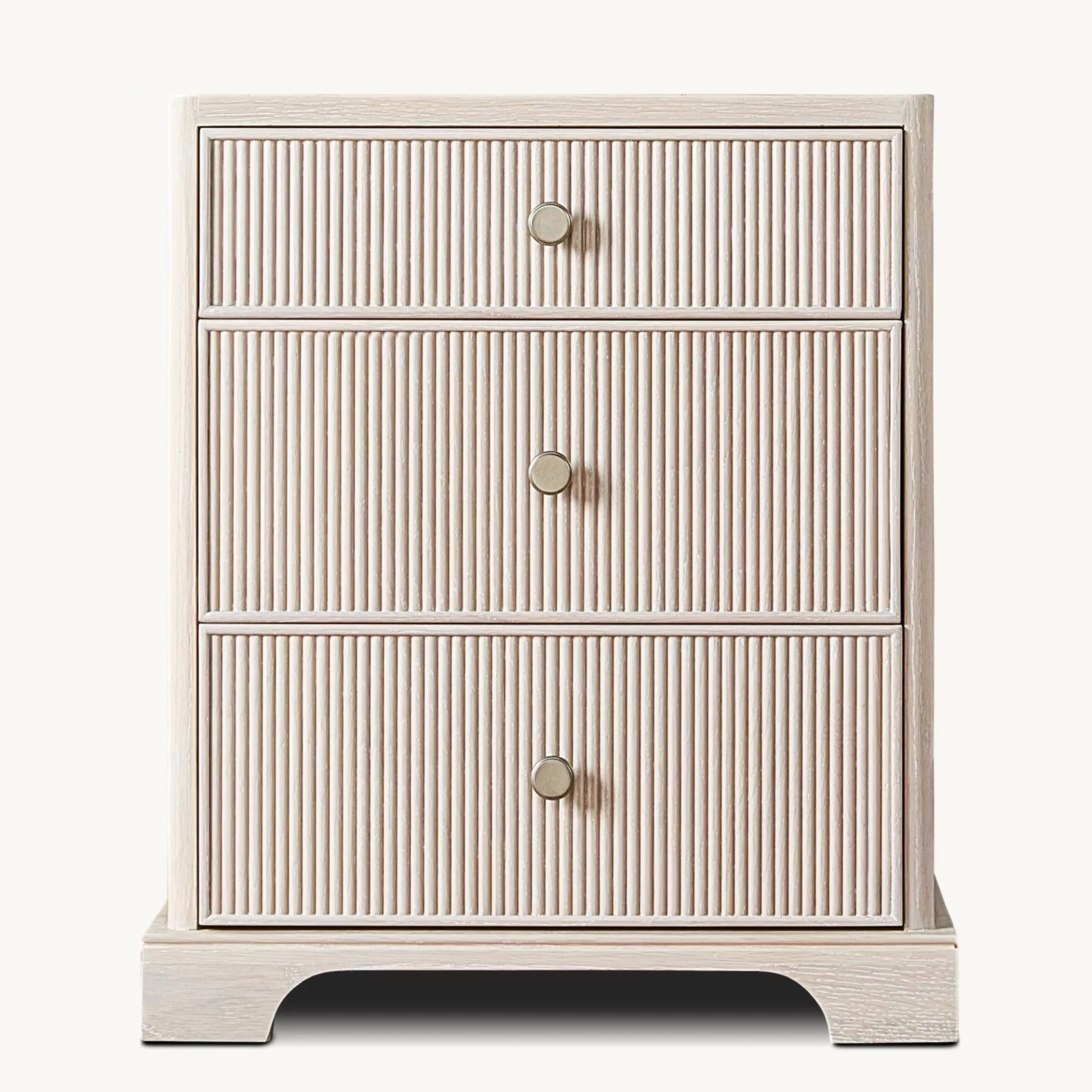 ^RH GENEVIEVE OAK REEDED NIGHTSTAND Light Panel Bedside Table Gold Handles Modern Reeded Detailing for Apartment Bedroom Drawer
