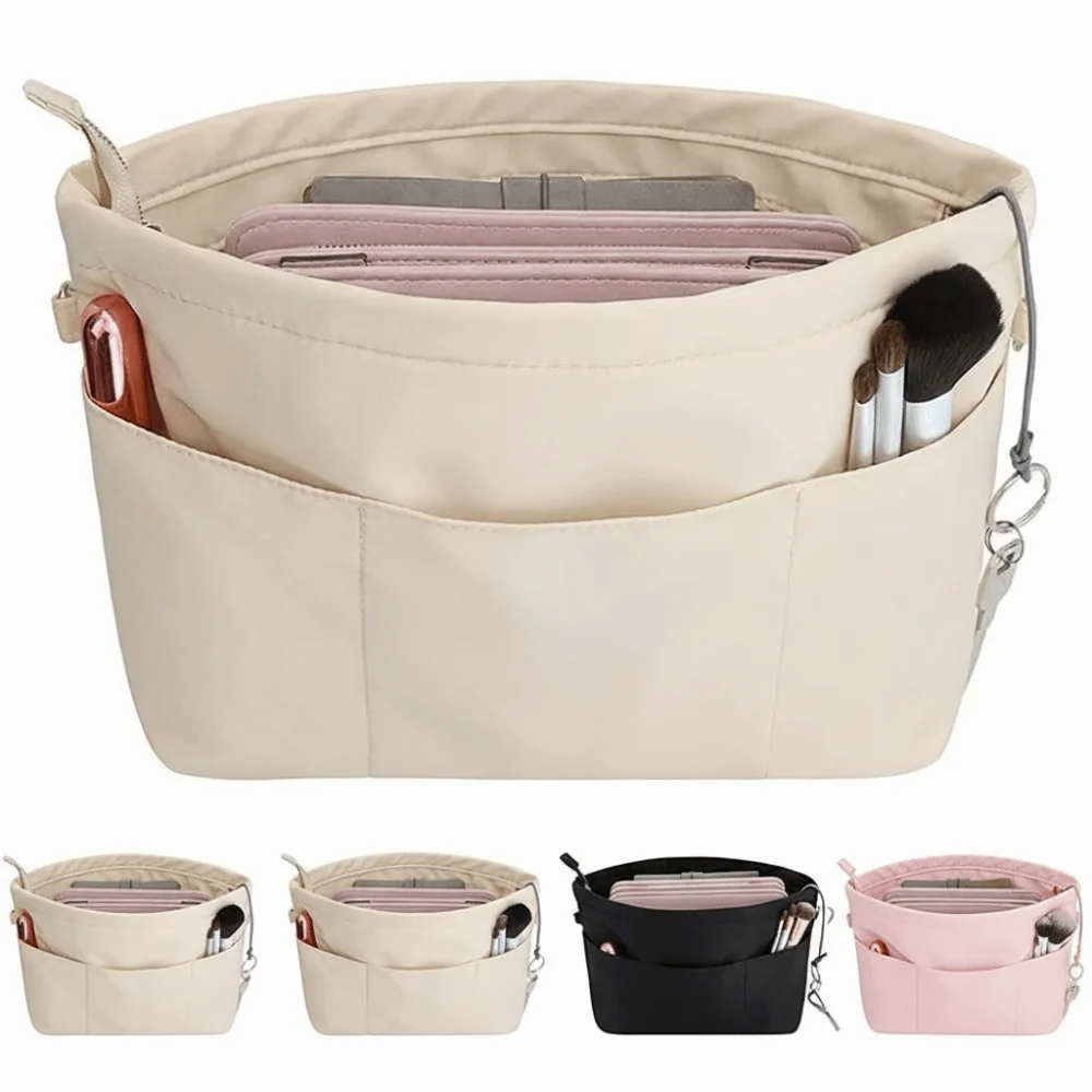 Vintage Cosmetic Organizer Insert Bag Storage Bags with Zipper Multi-Pocket Handbag Solid Color Multifunctional Inner Bag Women