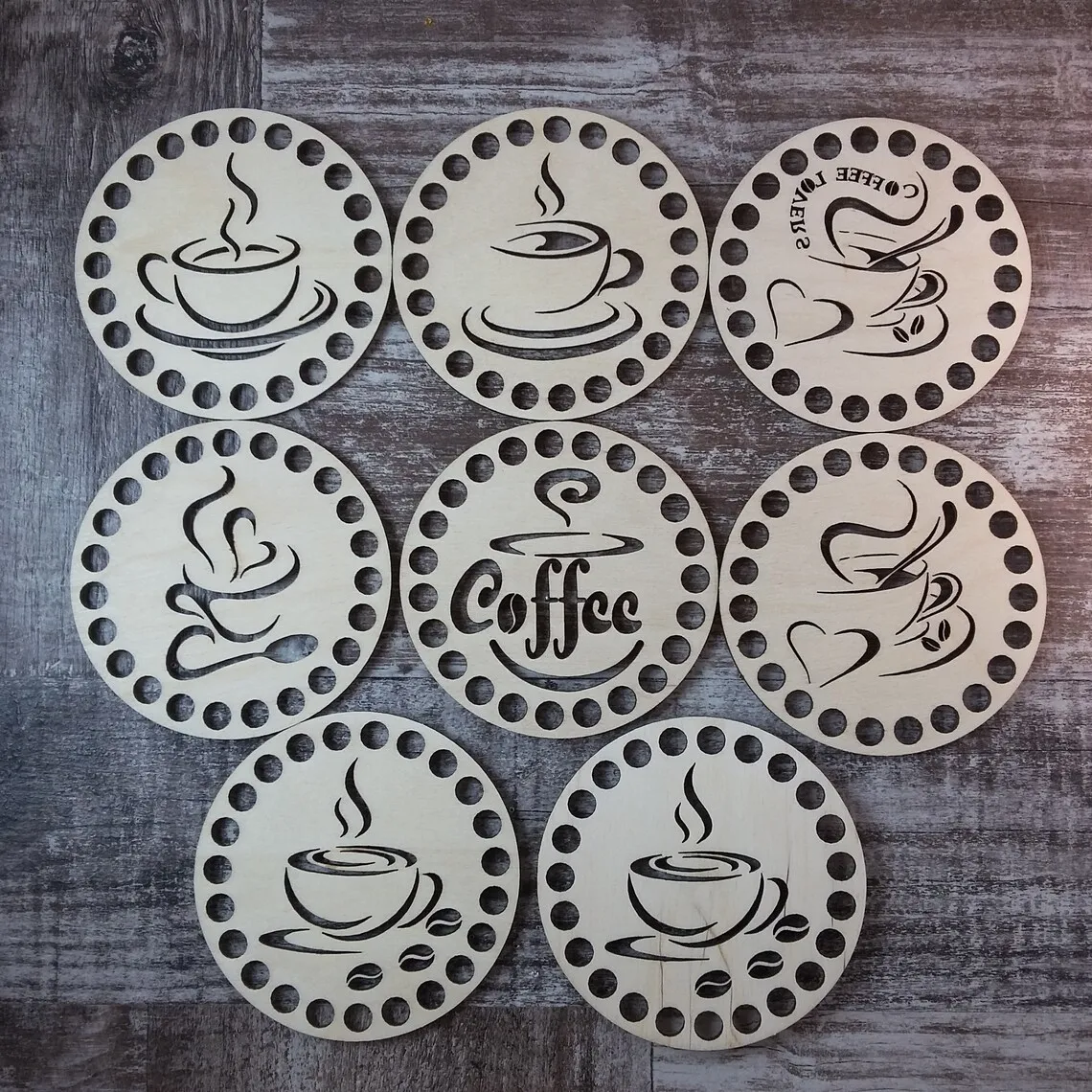 8pcs Love Coffee Wooden lid /top for crochet basket  Wooden floor Crochet basket bottom