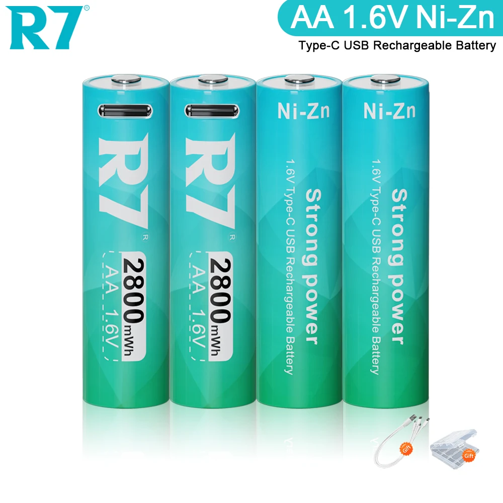 

R7 2800mWh 1.6V AA Ni-Zn AA Rechargeable USB Battery Type-C Charging NIZN aa USB Batteries For Camera Toys + type-c Cable