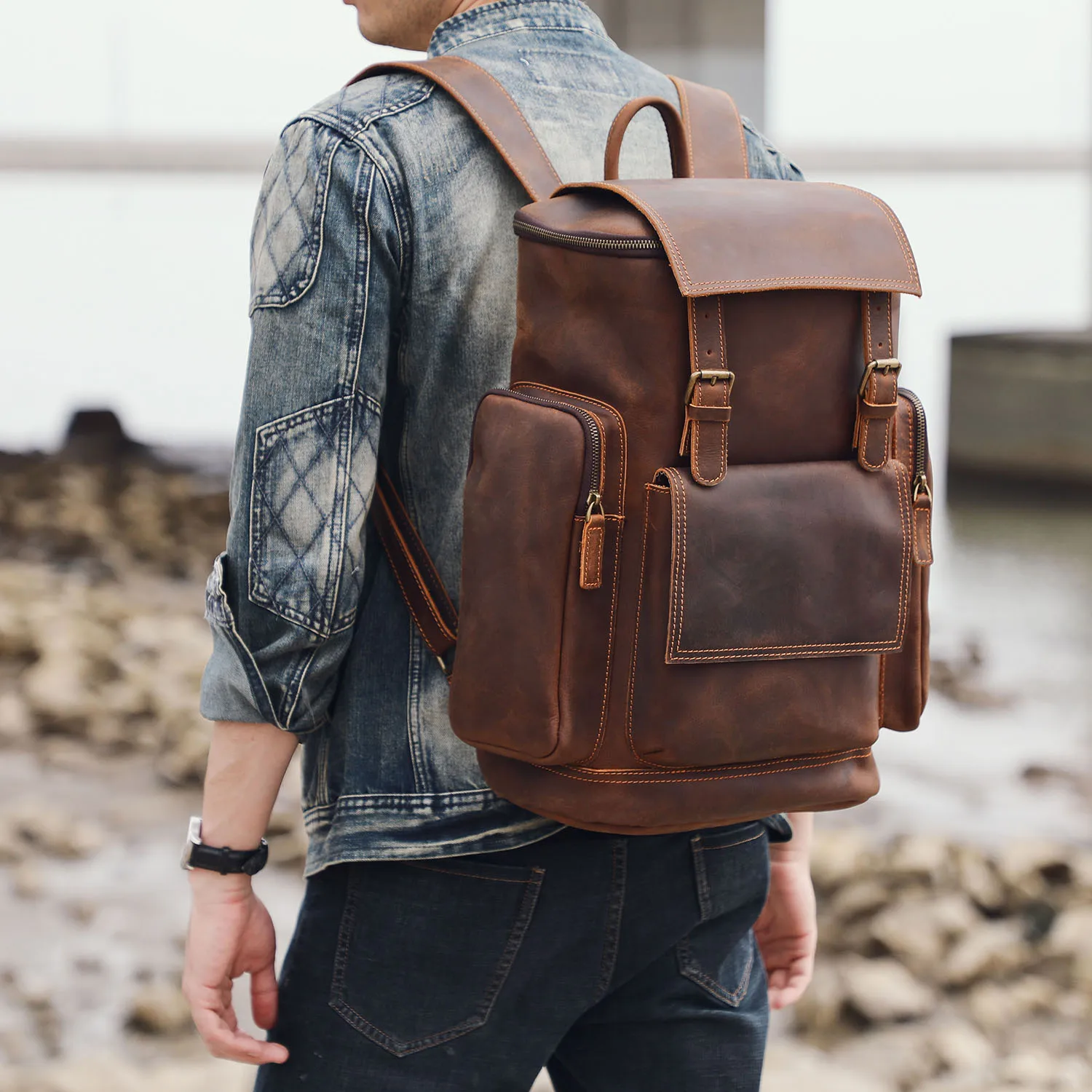 S.WORKER Vintage Echtleder-Rucksack Laptop-Tasche Casual Crazy-Horse-Leder Schultasche Outdoor-Reise-Weekender-Tasche – Detail 4