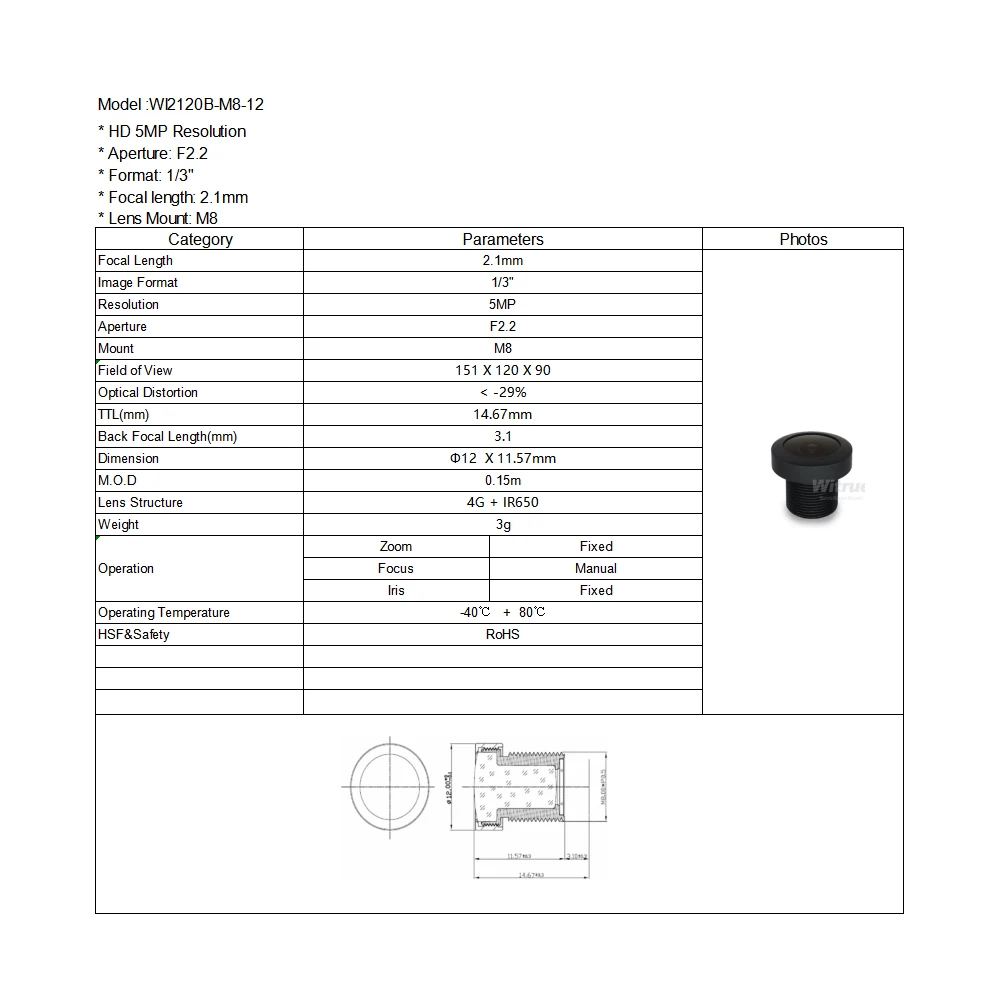 Witrue 2.1mm M8 Lens 1/3 Inch 5MP F2.2 151 Degree z 650nm IR Filter obiektywy do kamer CCTV Security Camera Wide Angle 151 Degree — zdjęcie 5