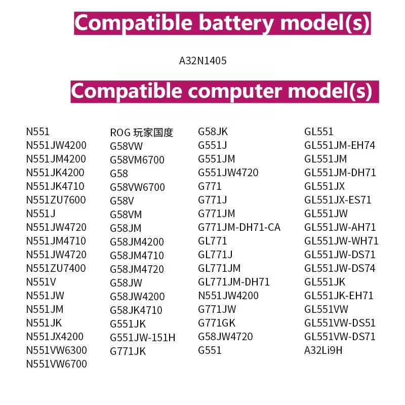 For ASUS A32N1405 N551JM  N551JW  N551Z  N551V N751 N771 G771JM G771JK Replacement Laptop Battery A32N1405 10.8V 5200mAh