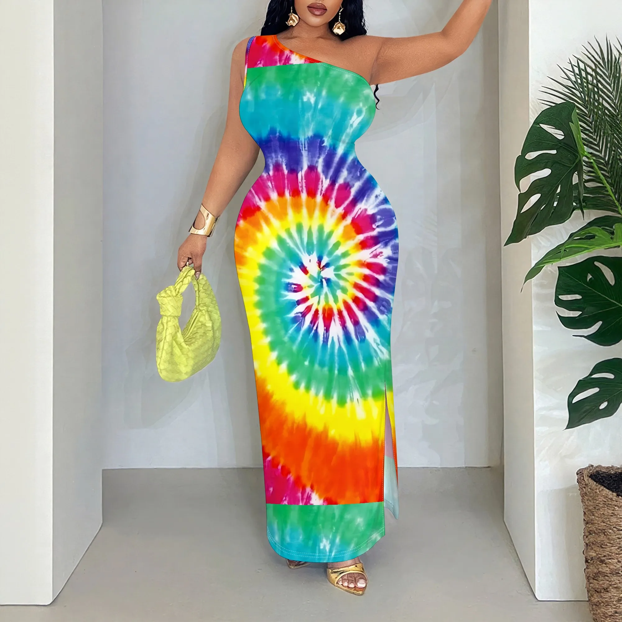 

Rainbow Spiral, Tie Dye Dress, One Shoulder Maxi, Boho Summer Wear, Vacation Beach Party Outfit, S-2XL