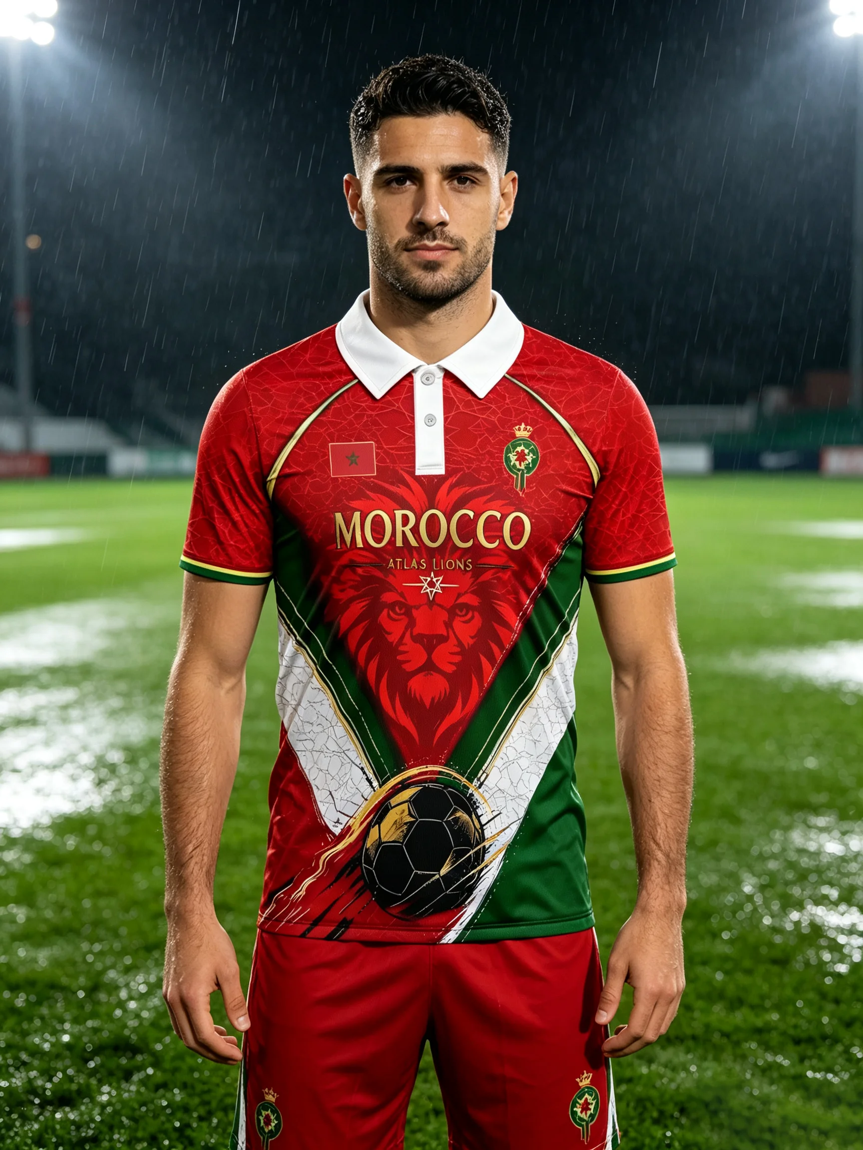 Stylish Morocco supporter soccer polo shirt. Eye-catching lion artwork, flexible fit for sports and casual occasions