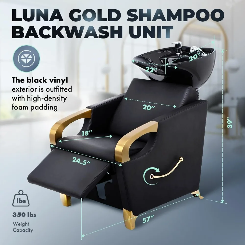 Gold Shampoo Backwash Unit for Professional Salons, Durable Brushed Rests & Feet, Extra Wide Seat, Tilting Shampoo Bowl in Black