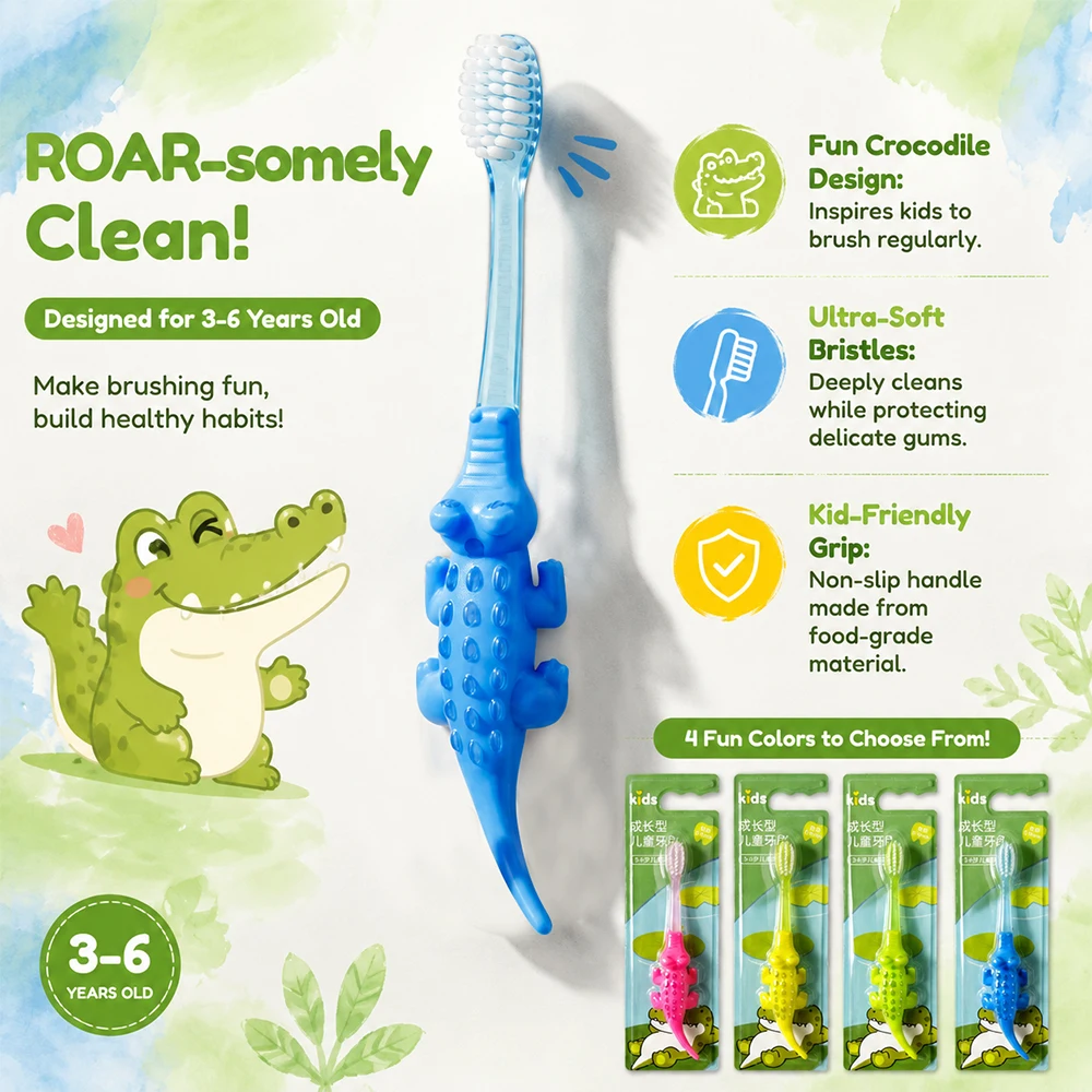 4pcs Cartoon Kids Toothbrush Cute Crocodile Shaped Child Tooth Brush Soft Bristles Children Tooth Cleaning Tool For Aged 3-6 Boy