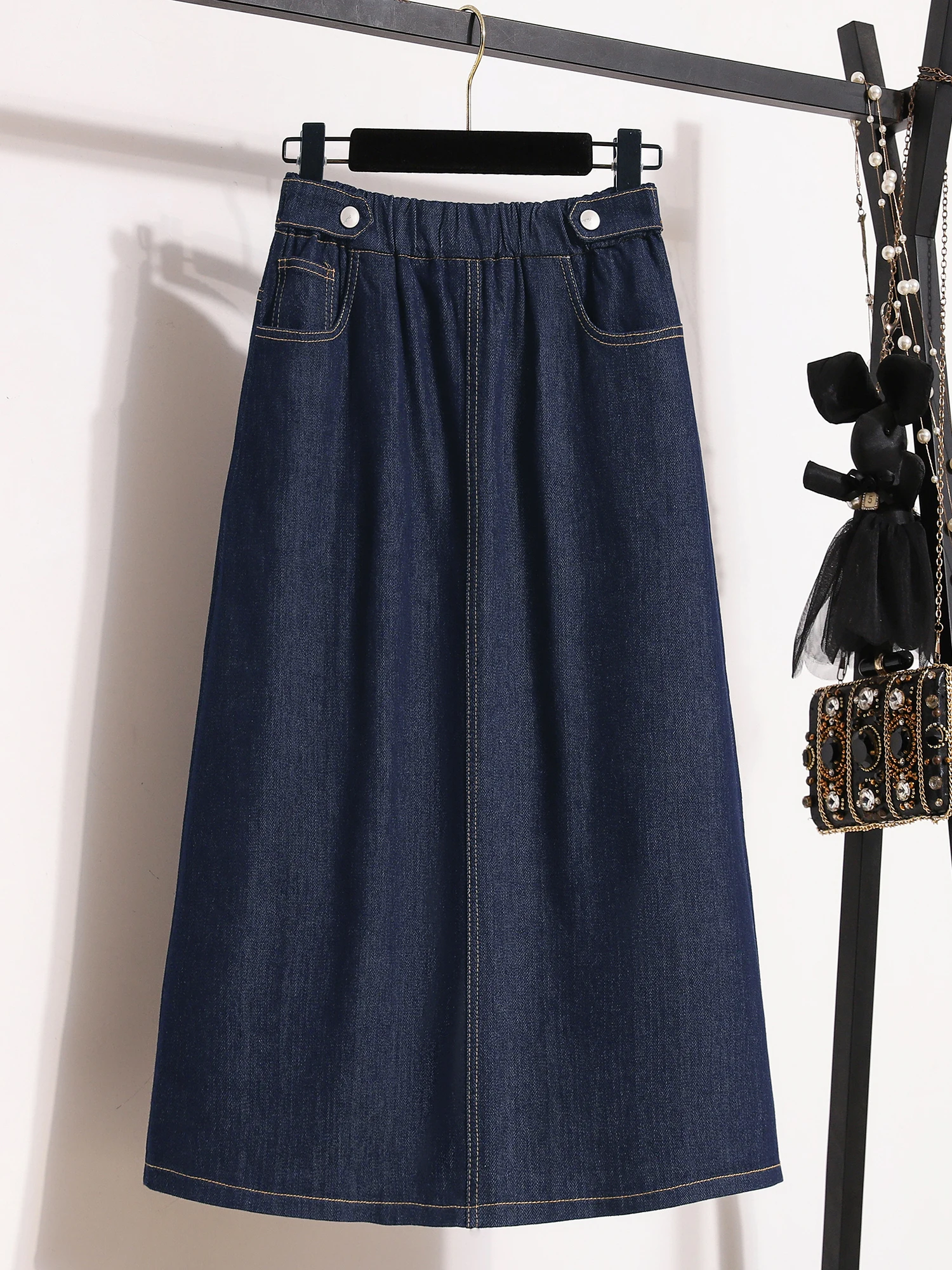 plus Size Women's Loose A-Line Denim Skirt Elastic Waist Maxi Skirt Flared Skirt Korean Style Commute Embroidery Autumn 2026
