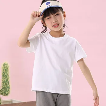 100% Cotton 180gsm Fabric Children Boy Girl T shirt 2025 New Summer Women Short Sleeve T-Shirt Cute Style White Solid Color Tops